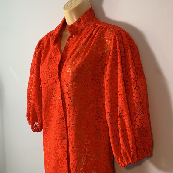 Carefree Fashions vintage Red floral Lace Top XL orange red puff 3/4 sleeve 70’s - Picture 3 of 8